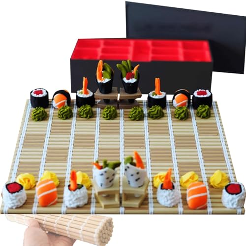 3D-gedrucktes Sushi-Schachspiel, 32 Sushi-Figuren mit Faltbarer Matte, Aufbewahrungsbox im Bento-Stil, tragbares Strategiespiel für Erwachsene und Familien, einzigartiges Reisegeschenk von Generic