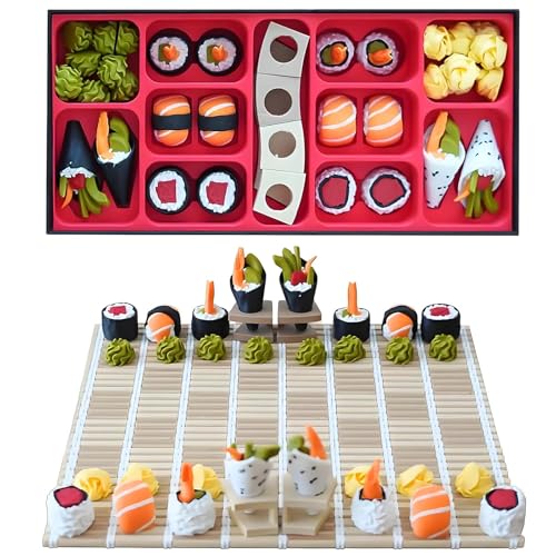 3D-gedrucktes Sushi-Schachspiel, Sushi-Figuren mit Faltbarer Matte, tragbares Strategiespiel, Bento-Box-Aufbewahrung & 32 Teile mit Lebensmittelthema, einzigartiges Reisegeschenk von Generic