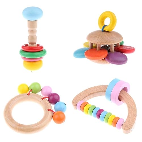 4 Stücke Baby Holz Rassel Hand Glocke Spielzeug Pädagogische Greifrassel für Kleinkinder von Generic