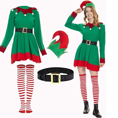 4Pcs Weihnachten Elf Kostüm für Frauen Santa's Helper Cosplay Kleid Outfits Weihnachten Party Fancy Dress Up Clothes (Green, S) von Generic