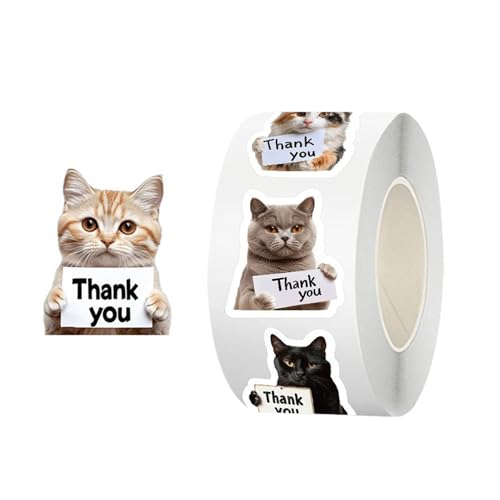 500 süße Katzen-Aufkleberrolle – wasserfeste Dankeschön-Aufkleber | Laptop, Wasserflasche, Skateboard, Koffer, Umschlagverpackung | Partybedarf, Klassenzimmer, Dankeschön-Etiketten für kleine Unterneh von Generic
