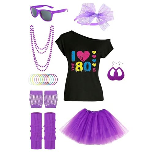 80er Jahre Kostüme für Damen - Neon Tutu Rock und T-Shirt, komplettes 80er Jahre Outfit Set mit Zubehör | Retro Schulterfreies Oberteil, Vintage Cosplay Kostüm für Musi Festival 80er Jahre Kostüme für Damen - Neon Tutu Rock und T-Shirt, komplettes 80er Jahre Outfit Set mit Zubehör | Retro Schulterfreies Oberteil, Vintage Cosplay Kostüm für Musi Festival von Generic