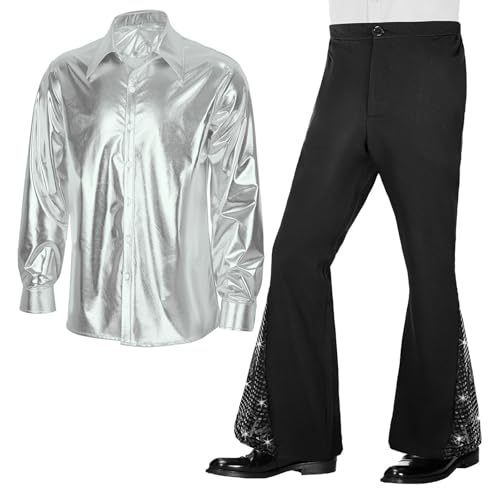 80er Jahre Outfit Herren Paillettenhemd Hippie Kostüm Glitzer Hemd und Schlaghose Set Disco-Kostüm im 70er-Jahre-Stil Faschingskostüme Männer Fashion 90er Erwachsene Mottoparty Freizeitanzug 80er Jahre Outfit Herren Paillettenhemd Hippie Kostüm Glitzer Hemd und Schlaghose Set Disco-Kostüm im 70er-Jahre-Stil Faschingskostüme Männer Fashion 90er Erwachsene Mottoparty Freizeitanzug von Generic