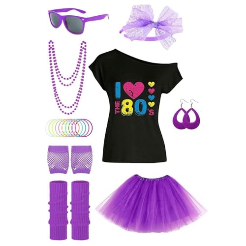 80er Jahre Outfit für Damen, 80er Jahre Outfit | T-Shirt Rock Tutu, Kostüm-Zubehör-Set, schulterfreies Oberteil, 80er Jahre Cosplay-Kleidung für Frauen 80er Jahre Outfit für Damen, 80er Jahre Outfit | T-Shirt Rock Tutu, Kostüm-Zubehör-Set, schulterfreies Oberteil, 80er Jahre Cosplay-Kleidung für Frauen von Generic