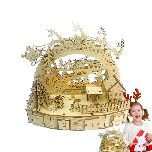 Adventskalender Weihnachten Puzzle Holz Lustiges Kit Moo Puzzle Holz Moo Mechanische Puzzle Weihnachtsdorf Puzzle mit LED-Licht Puzzle Kalender mit Konto a von Generic