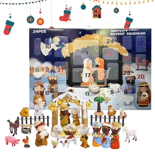 Adventskalender zur Geburt | 24 Tage Set Weihnachtskrippe Advent | Religiöse Figuren Geburt Jesu | Christliche Party Deko für und Familie von Generic