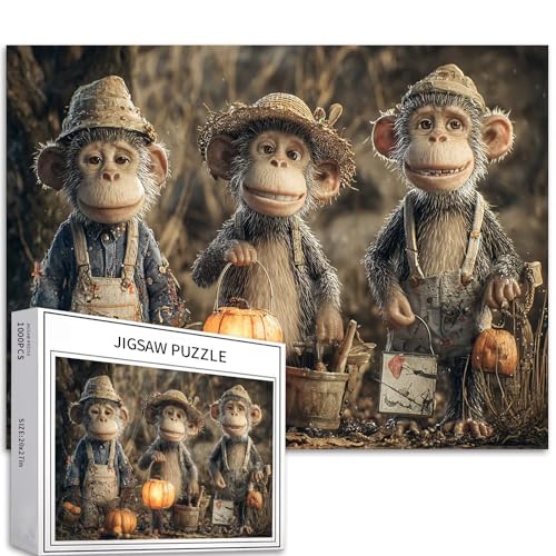 Affe hängende Kürbislaterne, 1000 Teile Puzzle für Erwachsene, Halloween-Dekoration, Kunst-Puzzle, anspruchsvolle Familienaktivitäten, buntes DIY-Bastelpuzzle für Heimdekoration, Geschenke, 70 × 50 cm von Generic