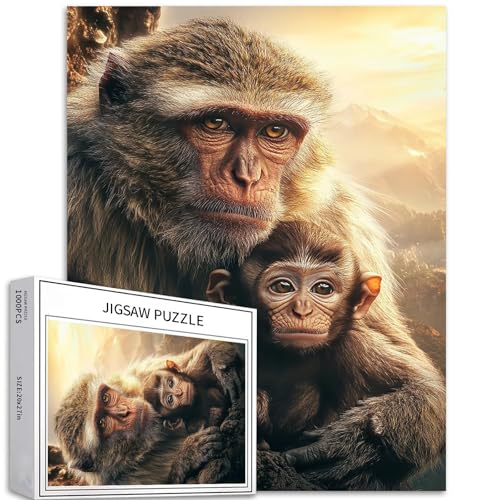 Affenfamilie Puzzle für Erwachsene, natürlicher Wald, Hintergrund, Kunstpuzzle, anspruchsvolle Familienaktivitäten, buntes Bastelpuzzle für Heimdekoration, Geschenke, 50,8 x 68,9 cm, 1000 Teile von Generic