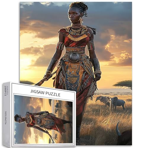 Afrikanische Kriegerin, 1000-teiliges Puzzle für Erwachsene, traditionelles Tribal-Kostüm, Kunst-Puzzle, herausfordernde Familienaktivitäten, buntes Bastelpuzzle für Heimdekoration, Geschenke, 50 x 70 von Generic