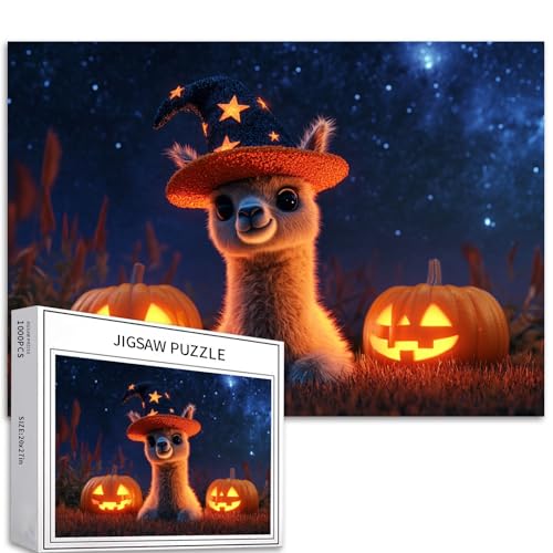 Alpaka Cub Wizard Hat Halloween 1000 Teile Puzzle für Erwachsene Anfänger Herausfordernde Familienaktivität DIY Handwerk Heimdekoration Geschenk 68,6 x 50,8 cm von Generic