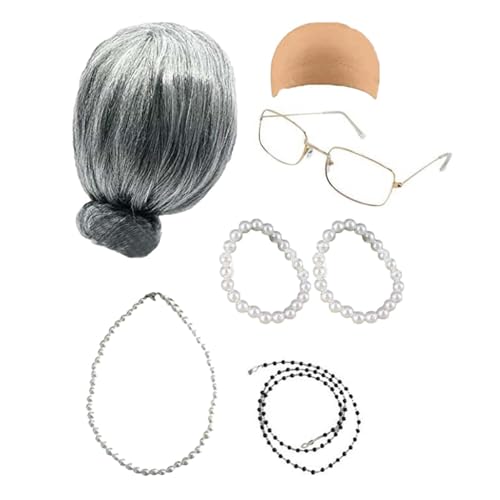Alte Dame Kostüm Set - 100 Tage der Schule Alte Dame Perücke Kostüm Set, Oma Costume Set, Neuheit Old Dame Kostüm für Mädchen Alte Dame Kostüm Set - 100 Tage der Schule Alte Dame Perücke Kostüm Set, Oma Costume Set, Neuheit Old Dame Kostüm für Mädchen von Generic