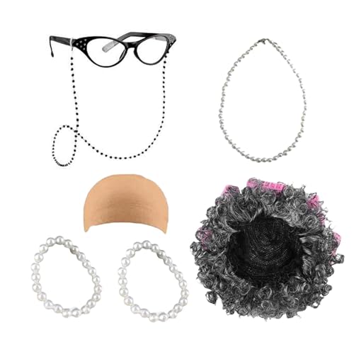 Alte Dame Kostüm Set - 100 Tage der Schule Alte Dame Perücke Kostüm Set, Oma Costume Set, Neuheit Old Dame Kostüm für Mädchen von Generic