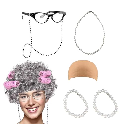 Alte Dame Kostüm-Set - Oma Kostüm zum 100. Schultag | schickes Oma Kostüm-Set, originelles Oma-Kostüm für Mädchen, alte Dame, Seven-piece Set with Gray Curly Hair, Se référer au descriptif Alte Dame Kostüm-Set - Oma Kostüm zum 100. Schultag | schickes Oma Kostüm-Set, originelles Oma-Kostüm für Mädchen, alte Dame, Seven-piece Set with Gray Curly Hair, Se référer au descriptif von Generic