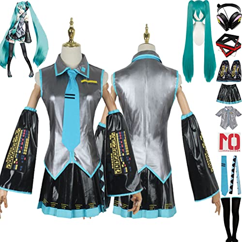 Anime Character Miku Cosplay Costume Outfit Role Play Uniform Complete Set Halloween Carnival Party Dress Up Suit with Wig Headpiece Headphones for Women von Generic