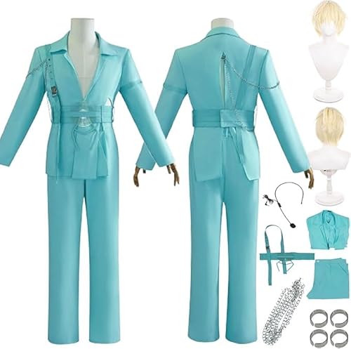 Anime Charakter Luka Cosplay Kostüm Outfit Alien Stage Mizi Rollenspiel Grün Uniform Komplettes Set Halloween Party Karneval Dress Up Anzug mit Perücke Ring für Männer (hellblau, M) von Generic