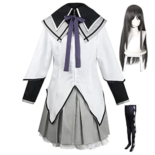 Anime Cosplay Kostüm Für Akemi Homura Uniform Kleid Halloween Outfit Mit Perücke (Weiß,L) von Generic