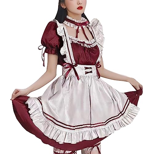 Anime French Maid Dress Niedliche Maid Cosplay Kleid für Halloween Maid Kostüm Outfit Set Burgundisch Kostüm von Generic