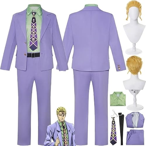 Anime J Bizarre Adventure Kira Yoshikage Cosplay Kostüm Outfit Rollenspiel Uniform Komplettes Set Halloween Party Karneval Dress Up Anzug mit Perücke für Männer (Lavendel, M) von Generic