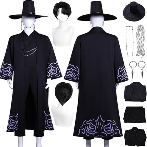 Anime KPop Demon Hunters Jinu Neue Haut Cosplay Kostüm Outfit Rollenspiel Uniform Komplettes Set Halloween Party Karneval Dress Up Anzug mit Perücke Hut für Männer (Schwarz, L) von Generic