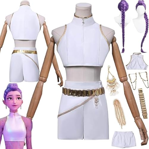 Anime KPop Demon Hunters Rumi Neue Haut Cosplay Kostüm Outfit Mira Zoe Rollenspiel Uniform Komplettes Set Halloween Party Karneval Dress Up Anzug mit Perücke für Frauen (Weiß, XXL) von Generic