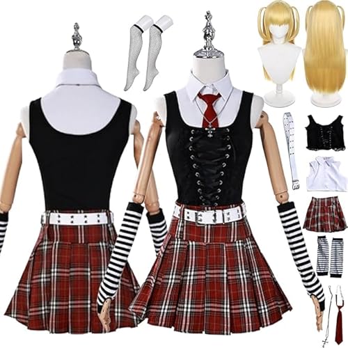 Anime Misa Amane Cosplay Kostüm Outfit Rollenspiel Uniform Komplettes Set Halloween Party Karneval Dress Up Anzug mit Perücke Halskette für Frauen (Schwarz und Rot, XS) von Generic