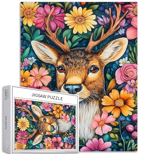 Aquarell-Puzzle mit Rentier-Motiv, 1000 Teile, 50 x 70 cm, Gartenkunst, anspruchsvolle Familienaktivitäten, buntes Bastelpuzzle für Heimdekoration, Geschenke von Generic