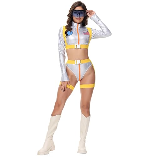 Astronaut Kostüm Damen 5-teiliges Set|Silber Space Kostüm Jumpsuit- Astronauten Overall mit Brillen Spacepilot Langarm Oberteil Unterhose und Unterteil für Cosplay Faschingskostüme Astronaut Kostüm Damen 5-teiliges Set|Silber Space Kostüm Jumpsuit- Astronauten Overall mit Brillen Spacepilot Langarm Oberteil Unterhose und Unterteil für Cosplay Faschingskostüme von Generic