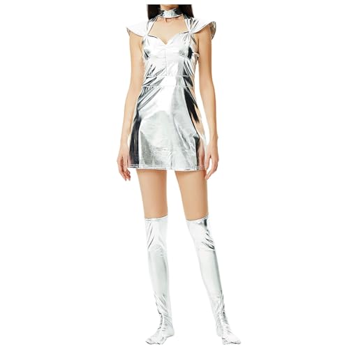 Astronaut Kostüm Damen Silber Astronauten Kostüme Erwachsene Karneval Costume Weltall Raumanzug Space Raumfahrer Fasching Kleid mit Schuhe Karnevalskostüm Faschingskostüme von Generic