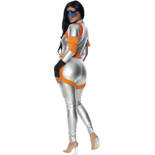 Astronaut Kostüm Damen Silber Astronauten Kostüme Erwachsene Karneval Raumfahrer Space Weltall Raumanzug Fasching Costume Overall mit Handschuhe Karnevalskostüm Faschingskostüme von Generic