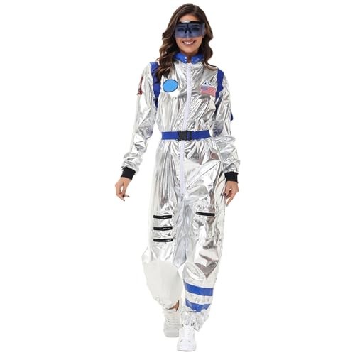 Astronaut Kostüm Damen Silber Astronauten Kostüme Erwachsene Karneval Space Fasching Raumanzug Raumfahrer Weltall Costume Overall mit Gürtel Gläser Karnevalskostüm Faschingskostüme von Generic