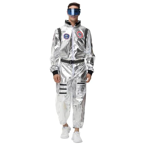 Astronaut Kostüm Herren Silber Astronauten Kostüme Erwachsene Karneval Costume Weltall Raumfahrer Fasching Space Raumfahrer Overall mit Gläser Karnevalskostüm Faschingskostüme von Generic