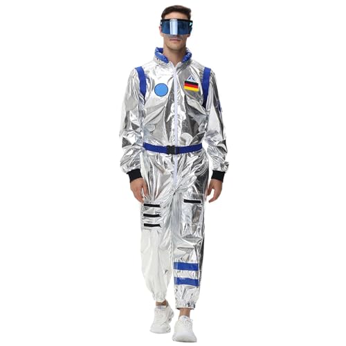 Astronaut Kostüm Herren Silber Astronauten Kostüme Erwachsene Karneval Fasching Raumfahrer Raumfahrer Costume Weltall Space Overall mit Gürtel Gläser Karnevalskostüm Faschingskostüme von Generic