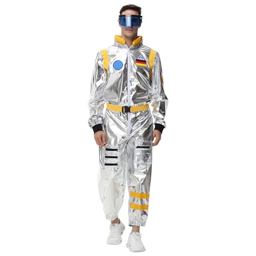 Astronaut Kostüm Herren Silber Astronauten Kostüme Erwachsene Karneval Fasching Raumfahrer Raumfahrer Costume Weltall Space Overall mit Gürtel Gläser Karnevalskostüm Faschingskostüme von Generic