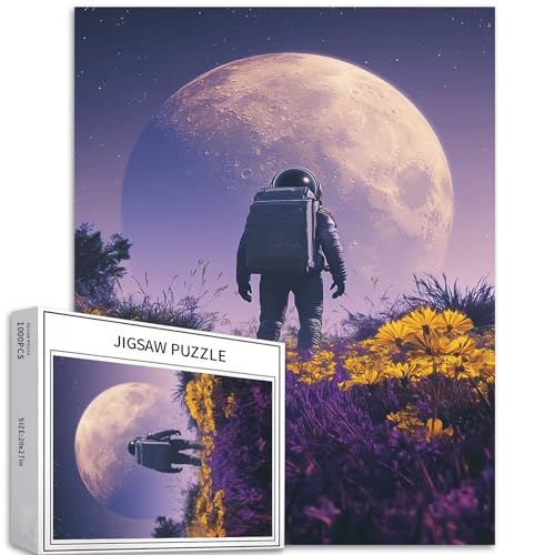 Astronaut stehend in einem Meer von Blumen, 1000 Teile Puzzle für Erwachsene, Mondhintergrund, Puzzle, herausfordernde Familienaktivitäten, buntes DIY-Bastelpuzzle für Heimdekoration, Geschenke, 50 × von Generic