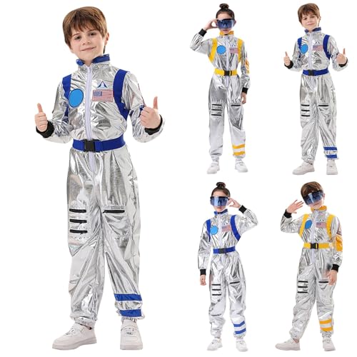 Astronauten Kostüm Für Kinde, Silber Astronaut Kostüm Kinder, Cosmonauten Raumfahrer Costume Mit Brillen Und Gürtel Jumpsuit Space Raumfahrtanzug Abenteuer Galaxie Outfit Für Unisex Halloween Karneval von Generic