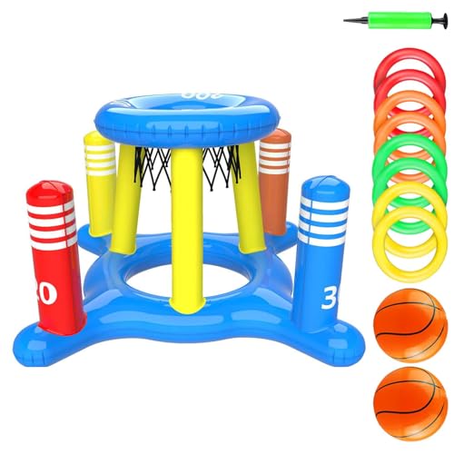 Aufblasbarer Pool-Basketballkorb – Schwimmreifen, Schwimmbadspiele | Outdoor-Wasserspiel-Set mit 1 Kreuzwurfspielzeug, 8 Wurfringen, 1 Reifen und 2 aufblasbaren Basketbällen für Kinder von Generic