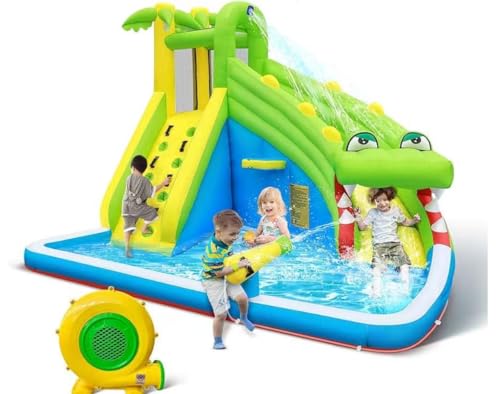 Aufblasbares Schloss Krokodil für drinnen und draußen für Kinder, aufblasbares Rutschenbecken (3,6 x 3 x 2,2 m mit Gebläse) von Generic