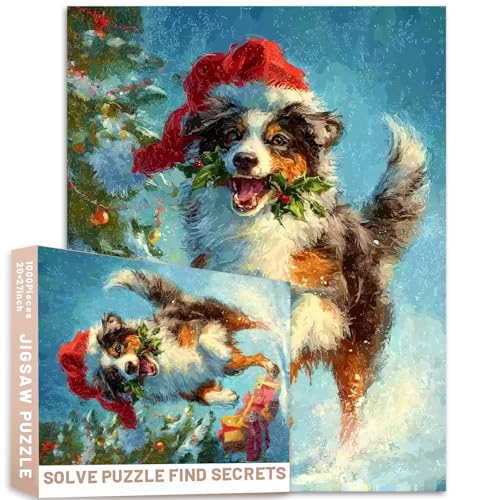 Australischer Schäferhund, Weihnachtsmannmütze, laufender Schnee, präsentiert Baum, 1000 Teile, Puzzle, festliche Tierkunst, anspruchsvolle Familienaktivitäten, Spiele, bunt, Bastelpuzzle für von Generic