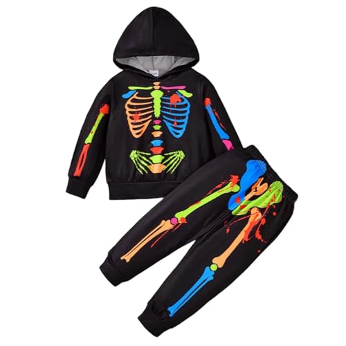 Baby Body Halloween Leuchtendes Skelettkostüm für Kinder Langärmliges Kapuzenoberteil mit Hose Zweiteiliges Outfit Overall Kleinkinder Mädchen Jungen Gruselige Partykleidung von Generic