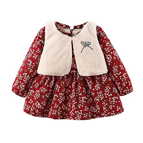 Baby Kinder Mädchen verdicken warm halten Jacke Weste + Blumenkleid Set Outfit Kostüm Kinder Jungen 86 (Red, 18-24 months) von Generic