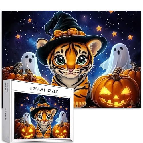 Baby Tiger Hexenhut Cartoon Halloween 1000 Teile Puzzle für Erwachsene Anfänger Lebendige Familie Spaß DIY Handwerk Geschenk Heimdekoration 68,8 x 50,8 cm von Generic