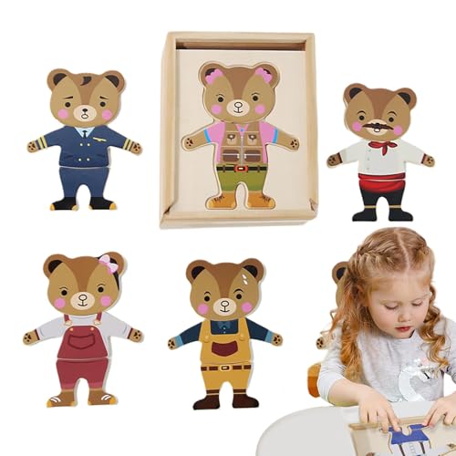 Bärenfamilie Kostüm aus Holz, Bären-Anzieh-Puzzle, Set zum Wechseln der Kleidung, Puzzlespiele zum Wechseln der Kleidung, kognitives Spielzeug aus Holz für Mädchen im Alter von von Generic