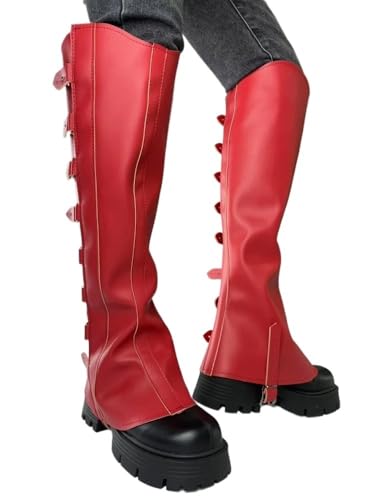 Beinschienen Mittelalter,Mittelalter Schuhe Mittelalterliche Beinpanzerung aus Leder, Beinschienen, Steampunk-Stiefel, Schuhüberzüge, Kostüm-Leggings, Unisex-Hohe Stiefel, Requisiten(Red) von Generic