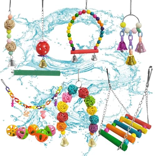 Bird Play Set – Swing Chew Toys, Bell Rattan Balls | Buntes Käfigzubehör aus Holz, zum Aufhängen, Perakeet Cacatoo Perrock, Pinch Monte Spaß für den Stand Perch House Zweig Spielplatz Crate Bird Play Set – Swing Chew Toys, Bell Rattan Balls | Buntes Käfigzubehör aus Holz, zum Aufhängen, Perakeet Cacatoo Perrock, Pinch Monte Spaß für den Stand Perch House Zweig Spielplatz Crate von Generic