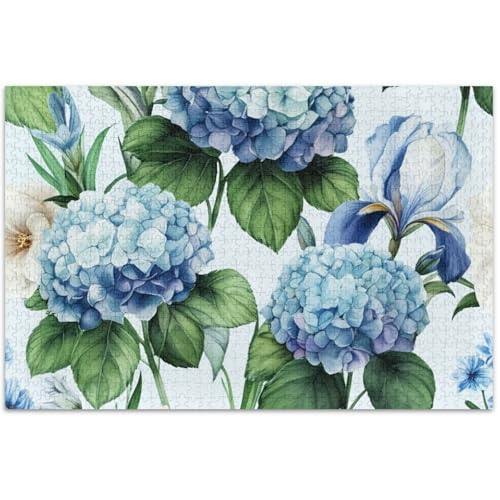 Blau-weiße Hortensien, florales Erwachsenen-Puzzle, 500 Teile, Tier-Puzzle, bunte Kunst, Natur-Puzzle, weiße Elefanten, Geschenke, 500 x 37 cm von Generic