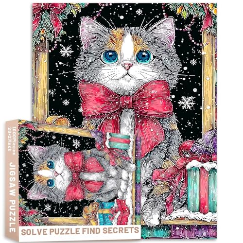 Blauäugige Katze, rote Schleife, Fensterbank, Schnee, Weihnachtslichter, 1000 Stück, lebendiges Puzzle, detaillierte Tierkunst, anspruchsvolle Familienaktivitäten, Spiele, bunt, Bastelpuzzle für von Generic