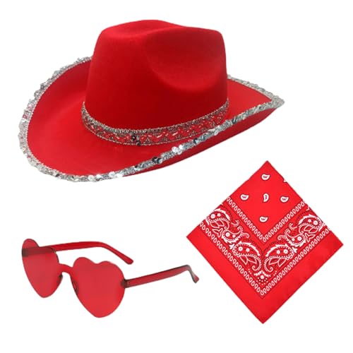 Bling Cowboy Hüte für Frauen,Cowgirl Hüte Frauen - Bling Jazzmütze mit Brille Kopftuch,3 Stück Packung Cowgirl Hut mit Herzbrille Bandana, Festival Party Zubehör für Karneval Bling Cowboy Hüte für Frauen,Cowgirl Hüte Frauen - Bling Jazzmütze mit Brille Kopftuch,3 Stück Packung Cowgirl Hut mit Herzbrille Bandana, Festival Party Zubehör für Karneval von Generic