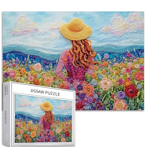 Blumenfeld-Stickerei-Kunst-Puzzle, 1000 Teile, Frau in lebendigem Rock, Sonnenhut, detaillierte Wildblumen, anspruchsvolle Familienaktivitäten, Spiele, buntes Bastelpuzzle für Heimdekoration Blumenfeld-Stickerei-Kunst-Puzzle, 1000 Teile, Frau in lebendigem Rock, Sonnenhut, detaillierte Wildblumen, anspruchsvolle Familienaktivitäten, Spiele, buntes Bastelpuzzle für Heimdekoration von Generic