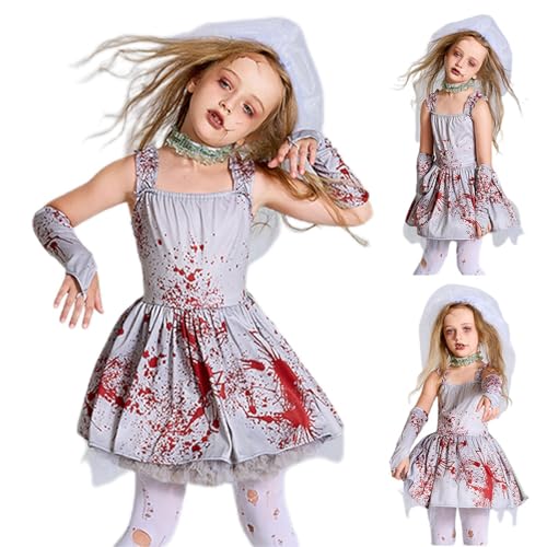Blutiges Halloween-Kostüm mit Schleier und Handschuhen | Gruseliges Halloween Kleid für Damen - für Horror Kostüme Spukparty Kostüm Zombie Braut Kostüm Halloween Kleid von Generic