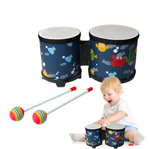 Bongo-Trommel – Schlaginstrument, handgefertigt | Niedliche Handtrommel aus Holz mit 2 bunten Trommelstöcken und Ständer, leichtes Musikinstrument für Kinder und Erwachsene von Generic